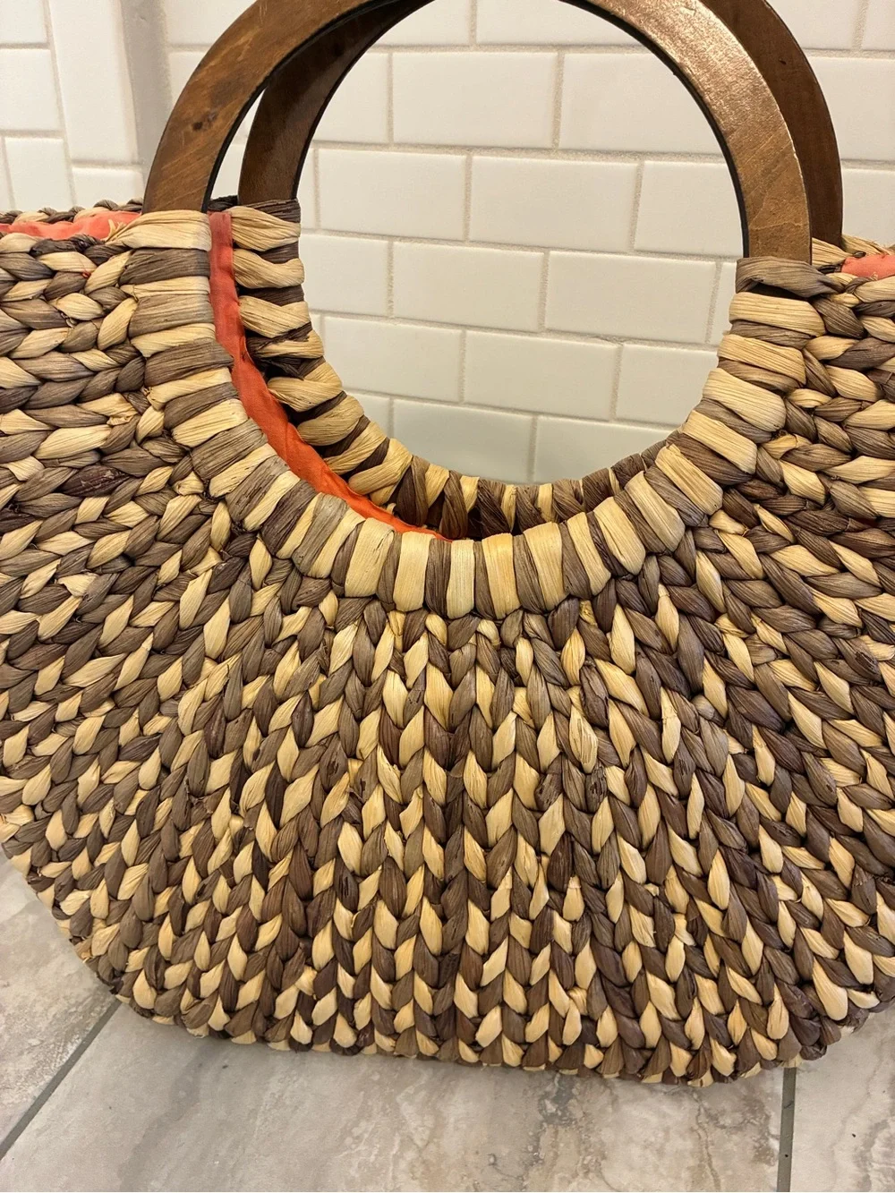 The Limited Woven Circular-Handle Straw Tote Beach Bag in Natural and Brown